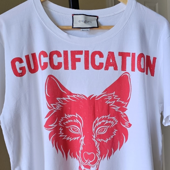 Gucci Printed Guccification White Logo & Wolf Printed Cotton T-shirt Sz S UNISEX - Picture 8 of 12